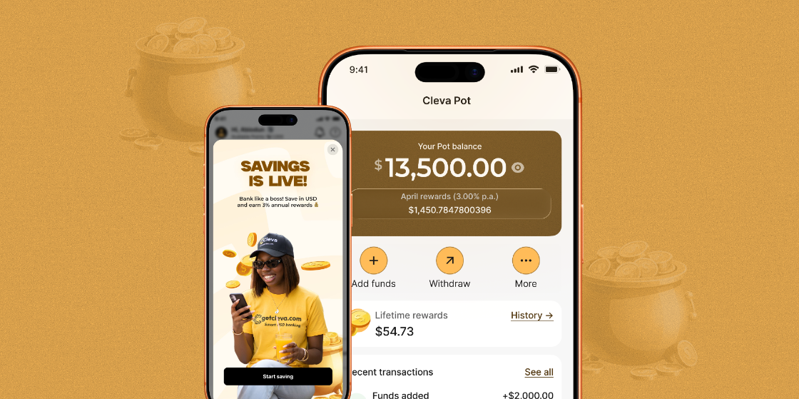 Cleva Pot balance and savings launch screens