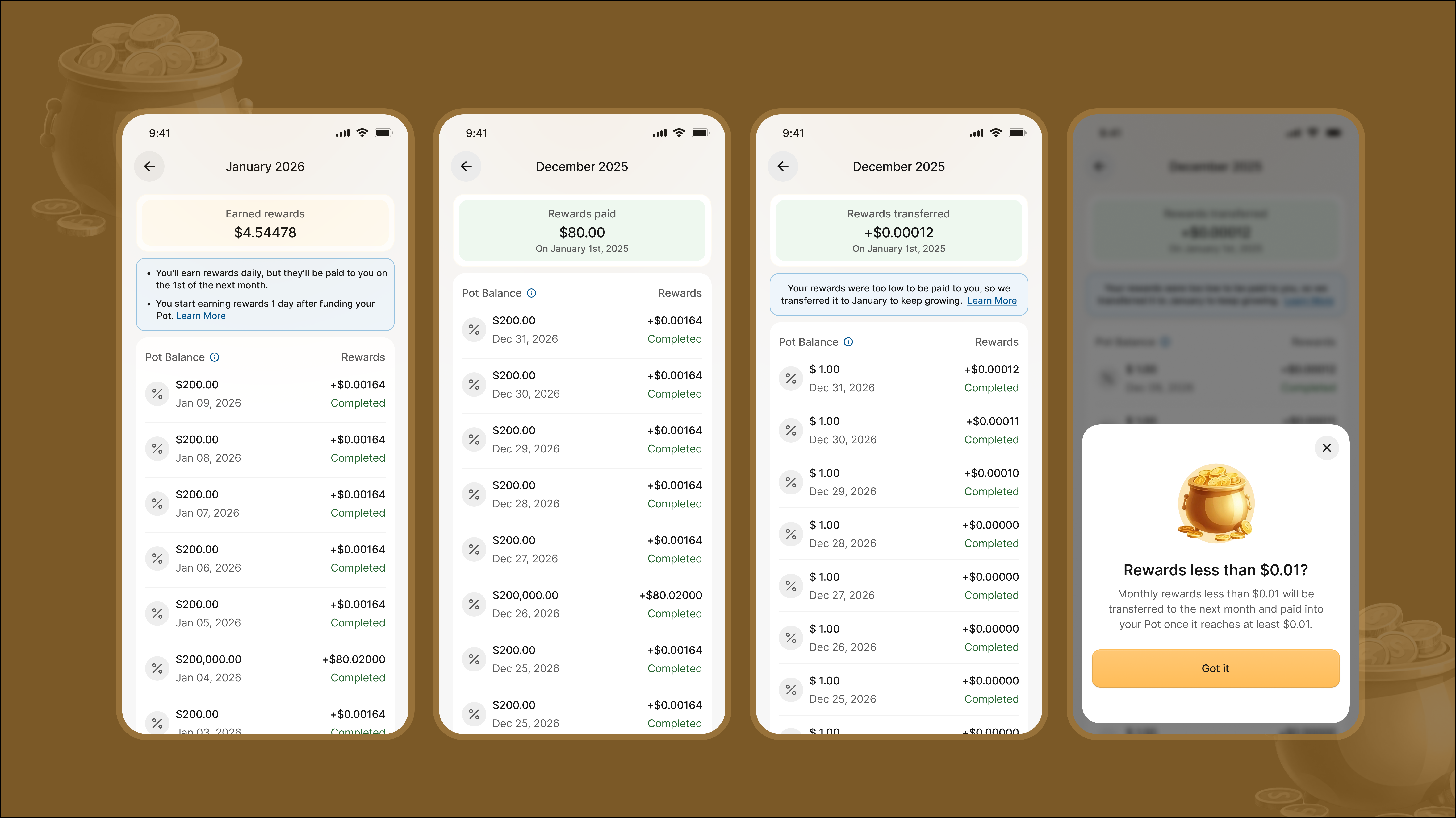 Reward breakdown screens: earned rewards, rewards paid, rewards transferred and the sub-cent explainer