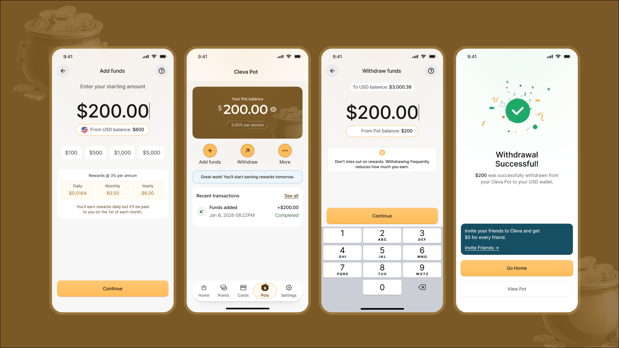 Add funds, Cleva Pot, withdraw funds and withdrawal confirmation screens