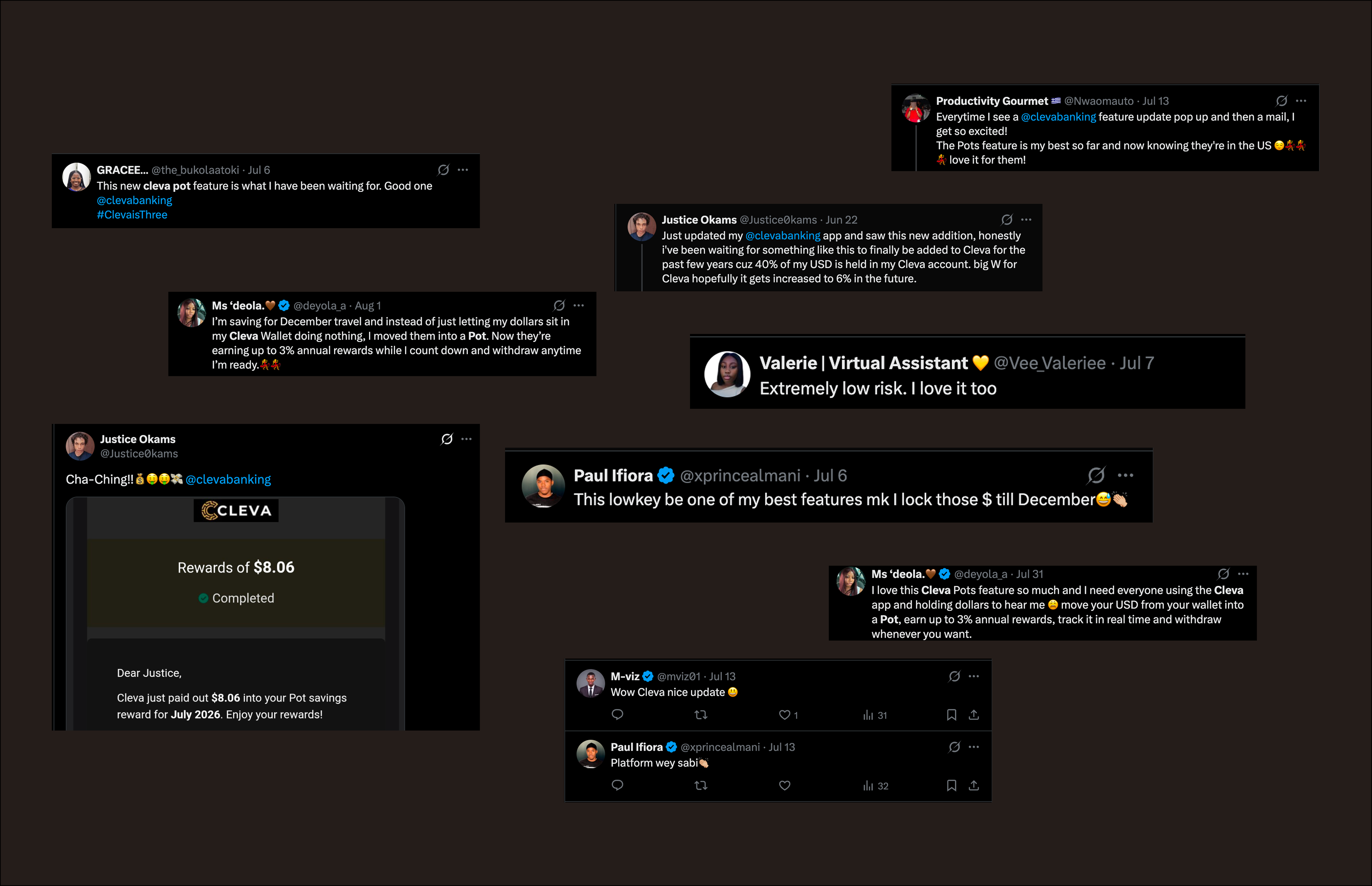 Tweets from Cleva users reacting to the Pots launch